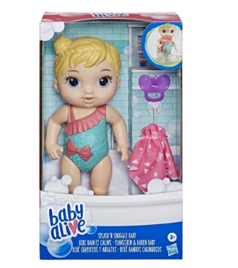 A Baby Alive Bebe Banhos Carinhosos vem pronta para entrar no banho! Esse bebe pode entrar debaixo da agua e tomar banho todo dia. A boneca vem com uma chupeta e uma toalha.